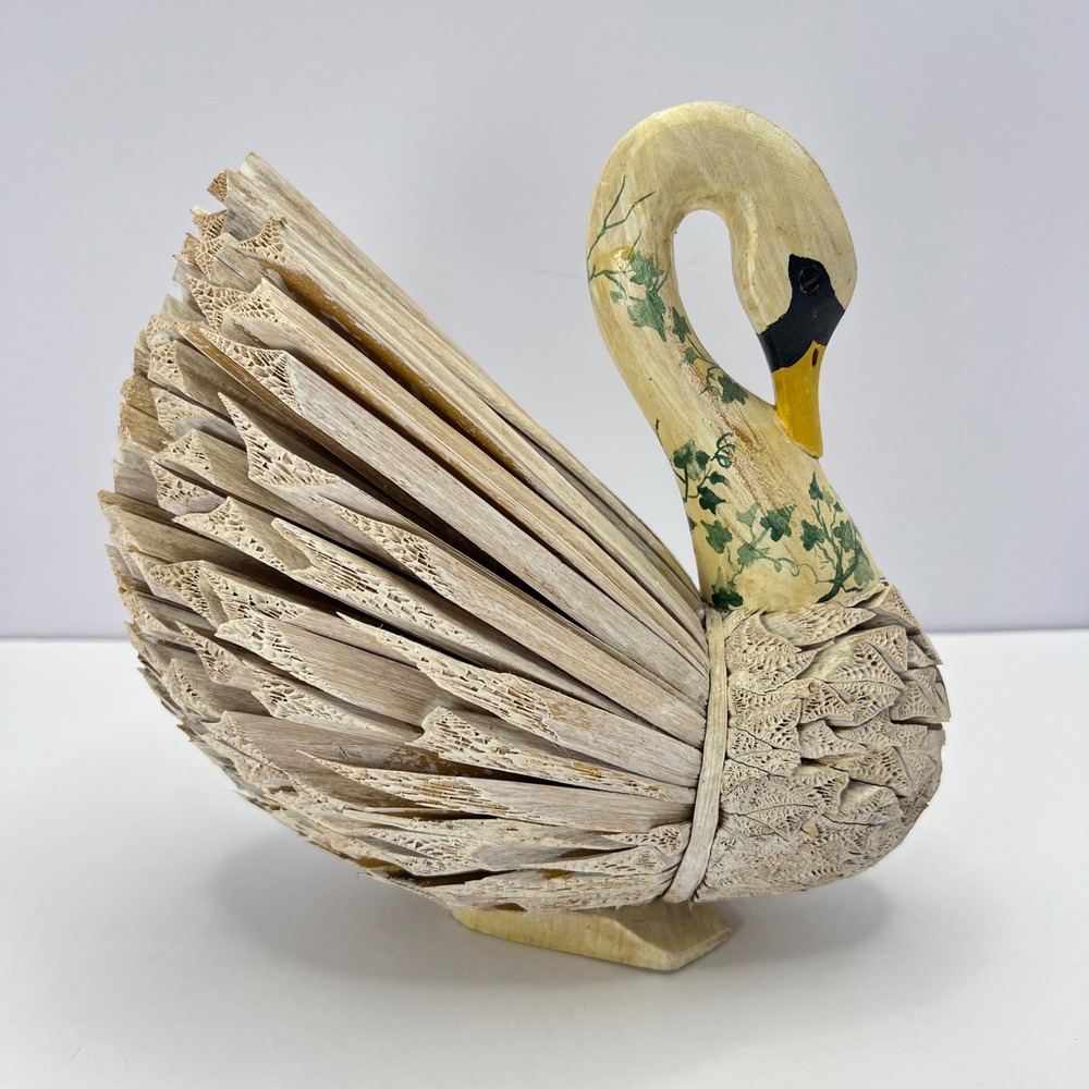 Vintage‎ Swan Corn Husk Decoy Hand Carved Painted Wood Slat Bird Ivy Rustic Boho